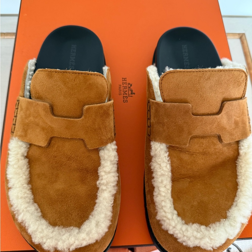 Hermes Shearling Go Mules Sz 37